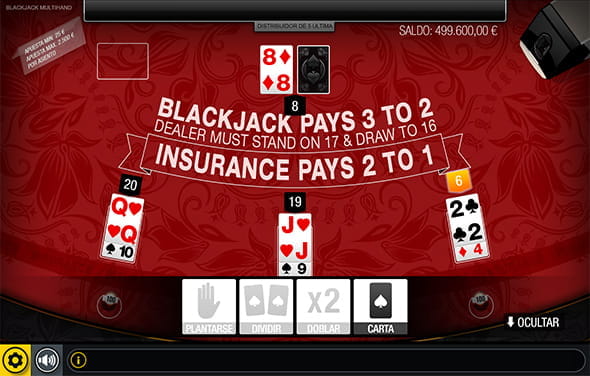 Bildschirm während eines VIP-Blackjack-Spiels mit mehreren Händen in einem der Casino mit Gaming1.