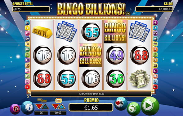 Der Bingo Billions Slot von NextGen Gaming mit seinen fünf Walzen und drei Reihen.