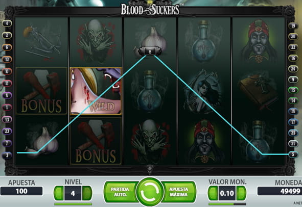 Das Bild zeigt den Hauptbildschirm des Blood Suckers-Slots.