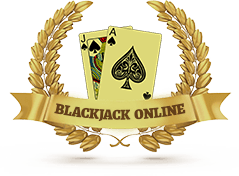 Ein goldener Lorbeerkranz mit einem Kartenpaar, dem Ass und dem Pik-J in der Mitte. Am unteren Rand der Karten und von einer Seite zur anderen der Krone befindet sich ein Schild in englischer Sprache mit der Aufschrift Online Blackjack.