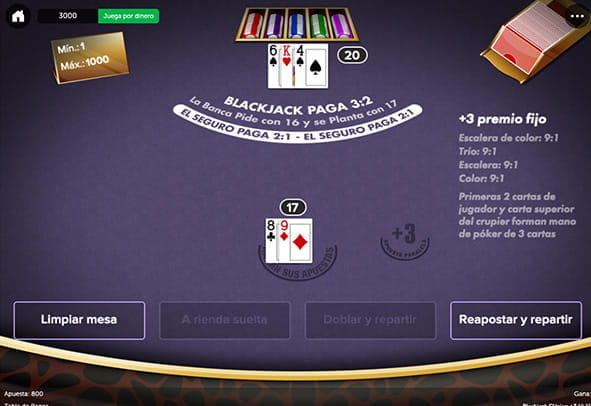 Tablero del juego de blackjack Clásico +3 para Casino online.