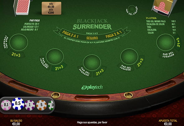 Tablero del juego de blackjack Surrender 2 para Casino online.
