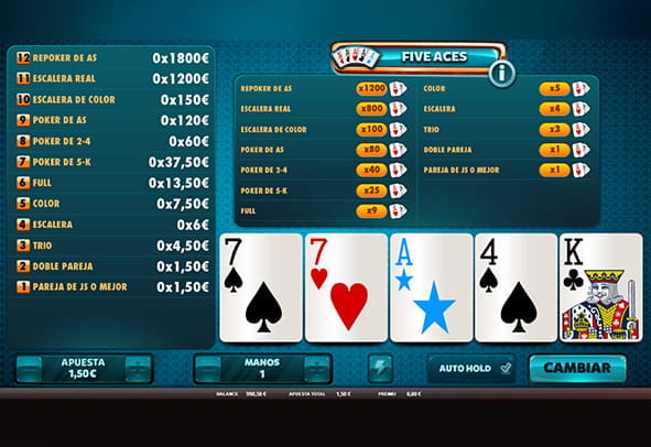 Tablero principal del vídeo póker Five Aces.