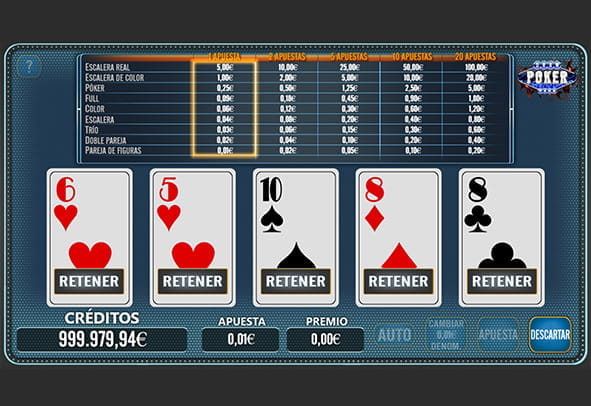Portada del juego vídeo póker Draw Poker con cinco cartas desplegadas y el tablero con los juegos y pagos para Casino online.