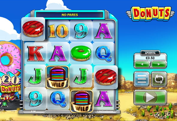 Pantalla de juego de la slot Donuts de Big Time Gaming en la que se ven sus 4 rodillos con sus 4 filas y los símbolos principales.