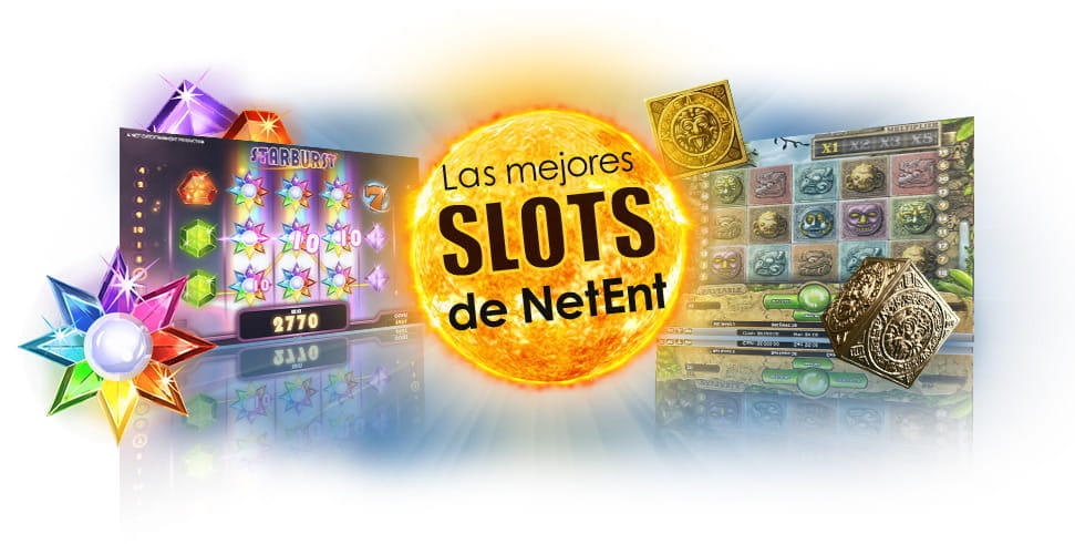 Collage mit Starburst- und Gonzo's Quest-Bildschirmen und einem Feuerball, auf dem die besten NetEnt-Slots gelesen werden.