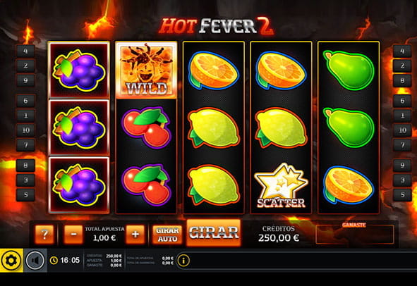 Tablero con los cinco rodillos y tres filas de la slot Hot Fever 2 para Casino online.