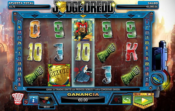 Der Judge Dredd Slot von NextGen Gaming mit seinen fünf Walzen und drei Reihen.