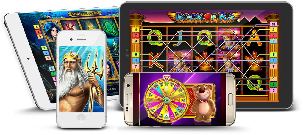 Verschiedene mobile Geräte mit Novoline-Spielen auf den Bildschirmen.