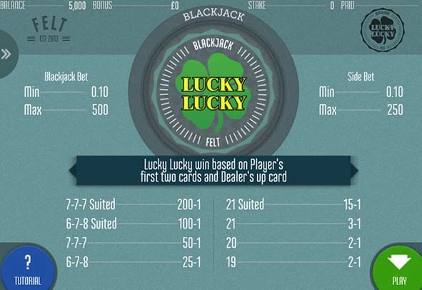 Lucky Lucky Spielcover, das die verschiedenen Arten von möglichen Wetten im Spiel zeigt.