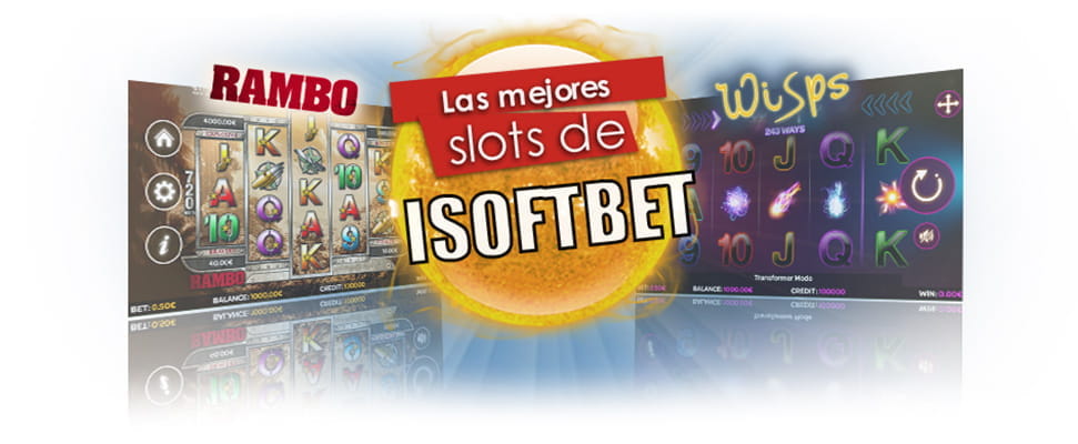 Der Rambo Slot und der Wisps Slot werden von einer Sonne mit den besten iSoftBet Slots flankiert.