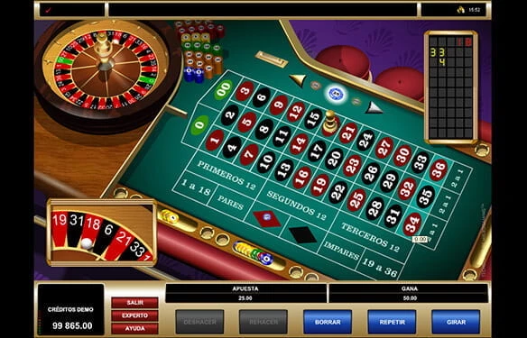 Amerikanisches Online-Roulette mit der Doppel-Null-Funktion. Die Zahlen in den mittleren drei Spalten sind rot und schwarz hervorgehoben.