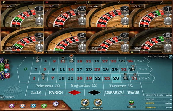 Beim Multi-Wheel-Roulette ist der Bildschirm zweigeteilt. Oben sehen Sie die Walzen von 8 verschiedenen Roulette-Rädern, während unten das Tuch mit den Zahlenreihen Rot und Schwarz abgebildet ist.