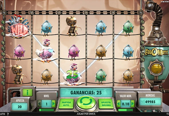 Spiel zum NetEnt Eggomatic Slot, wo seine eigentümlichen 5 Walzen und 3 Linien erscheinen, mit einer Gewinnlinie, die dank eines Wild-Symbols im oberen linken Teil erreicht wird.