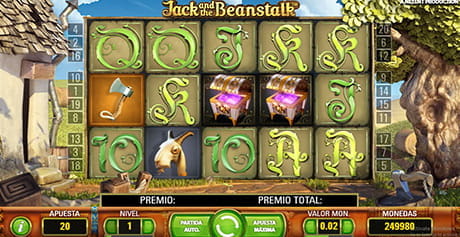 Spiel zum NetEnt Jack and the Beanstalk Slot mit seinen fünf Walzen und seinen drei Linien, wo neben den Buchstaben des französischen Decks einige der Hauptsymbole wie die Ziege, der Hammer und die offene Truhe erscheinen.