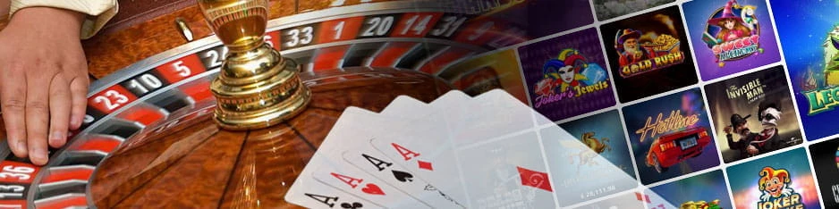 Collage. Rechts ein Rouletterad; links ein Katalog von Spielautomaten in einem Casino.