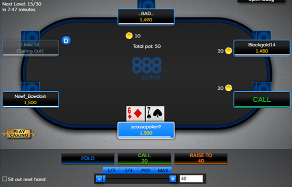 Ein Beispiel für einen generischen Texas Hold'em Online-Pokertisch im 888poker Casino.