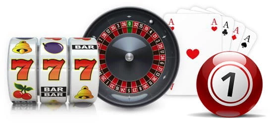 Collage, bestehend von links nach rechts aus drei Walzen eines klassischen Slots, dem Zylinder eines Roulette-Rads, vier Assen unterschiedlicher Farbe eines französischen Decks und einer Bingo-Kugel.