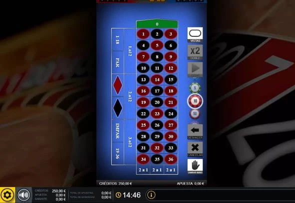 Auf einem Hintergrund, auf dem der Roulette-Zylinder erscheint, sehen Sie das blaue Tuch, das für vertikales Roulette charakteristisch ist, wobei die Verteilung der Zahlen in roten und schwarzen Farben hervorgehoben ist..