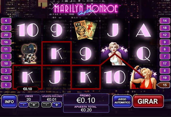 Partida a la slot Marilyn Monroe de Playtech, en la que aparece una línea ganadora y algunos de los símbolos principales.