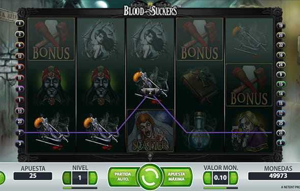 Spielen Sie den NetEnt Blood Suckers Slot in einem Online Casino. Eine Gewinnkombination erscheint auf den Walzen.