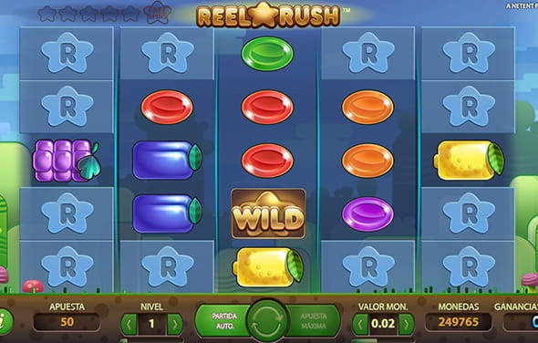 Spielen Sie den NetEnt Reel Rush Slot in einem Online Casino mit einigen der Hauptsymbole, einschließlich des Wild-Symbols.