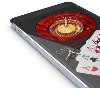 Mobiltelefon, auf dessen Bildschirm ein Online-Casinospiel angezeigt wird.