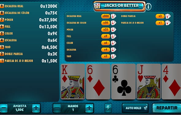 Die rote Rake Jacks or Better Video Poker Maschine mit einer 5-Karten-Hand.