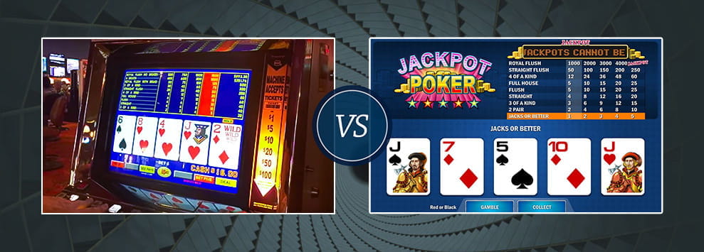 Zwei gegensätzliche Bilder eines Video-Poker-Automaten in einem physischen Casino und ein weiteres in einem Online-Betreiber.