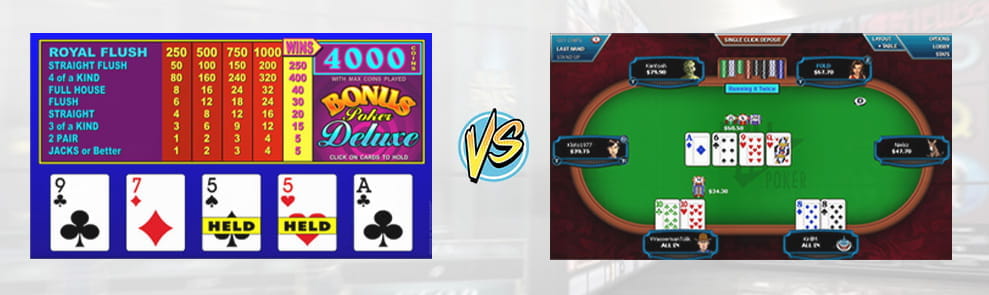 Vergleich einer Video-Poker-Maschine und eines Online-Pokertisches.