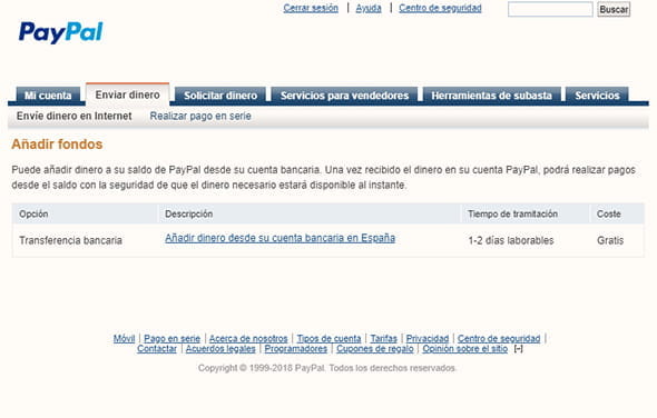 Hauptbildschirm der Option, Geld auf das PayPal-Konto einzuzahlen
