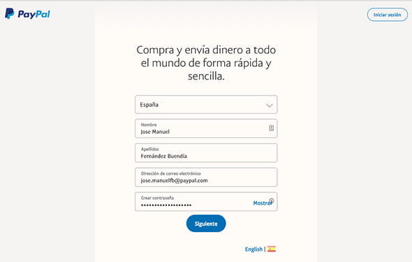 Anmeldeformular zum Erstellen eines PayPal-Kontos.