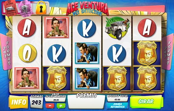 Der Spielbildschirm des Ace Ventura Slots von Playtech. Sie sehen mehrere zufällige Symbole, die über die Walzen verteilt sind.