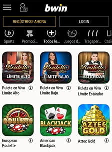 Pantalla inicial de Bwin versión para móvil y tablet