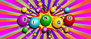 Bälle mit den verschiedenen Buchstaben des Wortes Bingo und Hintergrundkarten.
