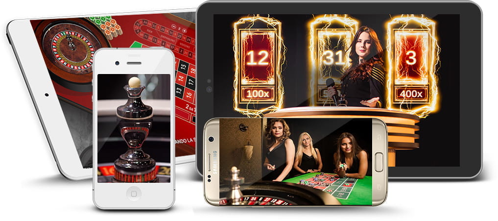 Verschiedene Telefone und Tablets mit mobilen Casinospielen von Evolution Gaming.