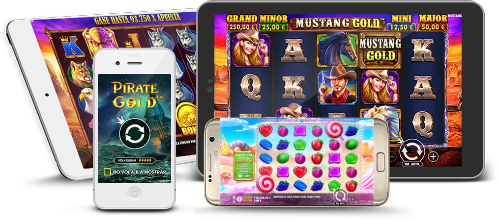 Mehrere Handys und Tablets mit pragmatischen Spielen auf den Bildschirmen.