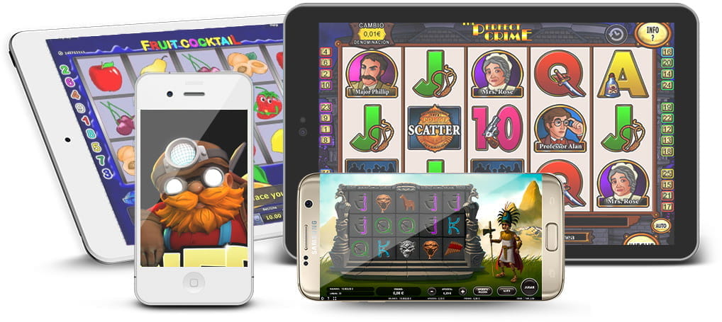 Mehrere Telefone und Tablets mit R. Franco Casino-Spielen.