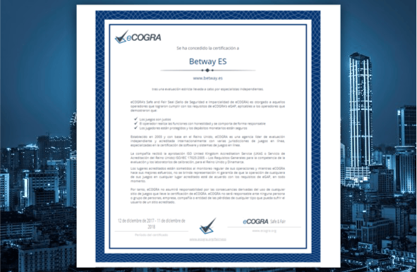 Zertifikat in der Schweiz vom eCOGRA-Labor zugunsten von Betway ausgestellt, in dem die Transparenz und Sicherheit der von diesem Betreiber angebotenen Spiele bestätigt wird.