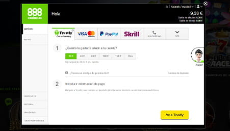 Die Kasse, um Geld bei 888casino mit Trustly als Zahlungsoption einzuzahlen.