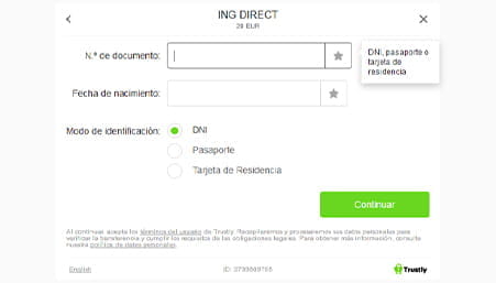 Trustly-Bildschirm, auf dem Sie Ihre ID-Nummer und Ihr Passwort eingeben müssen, um auf das Bankkonto zuzugreifen