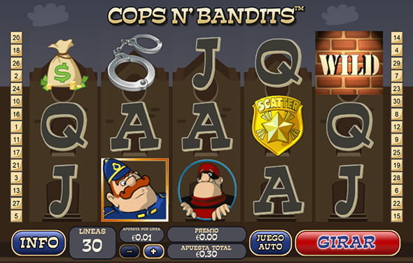 Der Spielbildschirm des Cops N 'Bandits Slots von Playtech. Sie sehen mehrere zufällige Symbole, die über die Walzen verteilt sind.