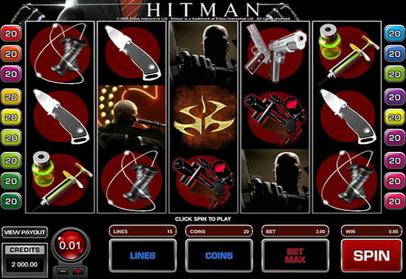 Pantalla principal del juego. Pinchando aquí se puede jugar gratis el slot Hitman, sin registro o ingreso de dinero real.