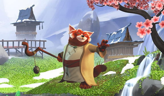 Imagen de presentación de la slot The Legend of Shangri-La. Se ve a un panda rojo, el protagonista, vestido con ropas tibetanas y un cayado en la mano. Al fondo, casas antiguas de contrucción típica asiática y un cerezo de flores rosas en la esquina superior derecha.