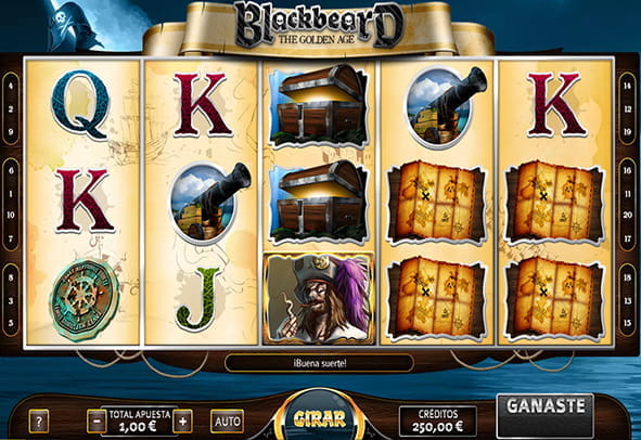 Tablero de la tragaperras Blackbeard: The Golden Age con sus 5 rodillos y 3 filas.