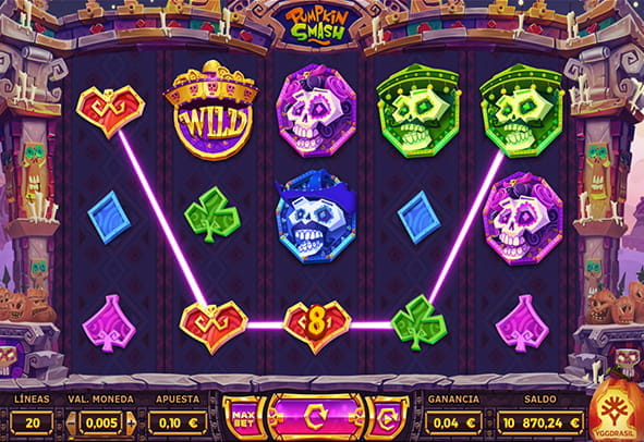 Tablero de la slot Pumpkin Smash con 5 rodillos y 3 filas.