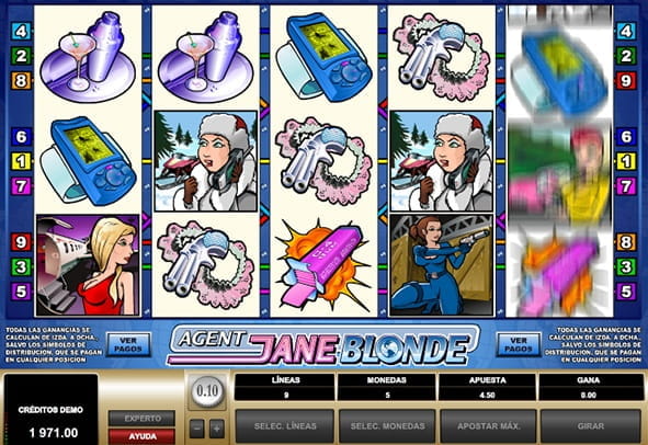 Imagen previa de la slot Agent Jane Blonde y un botón de Juega ahora para probar la versión demo.