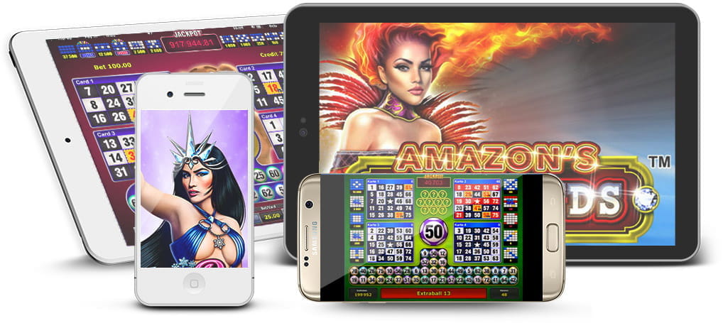 Verschiedene Handys und Tablets mit Novomatic Casino Slots.