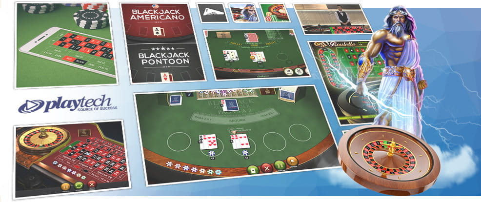 Eine Collage von Bildern aus verschiedenen Playtech-Spielen. Darunter befinden sich mehrere Blackjack- und Roulette-Modi, darunter ein Live- und ein 3D-Modus.