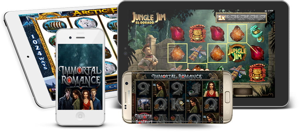 Verschiedene mobile Geräte, auf deren Bildschirmen Sie Spiele des Anbieters Microgaming ansehen können.